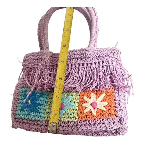 Children's Place Raffia Crochet HANDBAG PURSE Girls Flower Double Sided 6.5x4.5” Purple