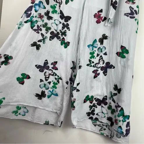 Y2K Gauzey Flowy Butterfly Wide Leg Crop Pants Sz S/M High Rise Tie Front Blue Size M