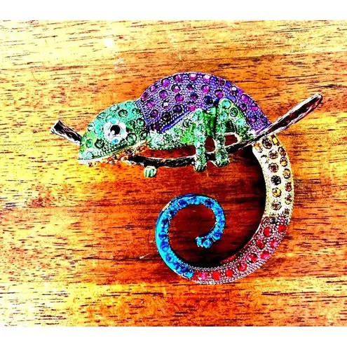 Chameleon Brooch Pin Rhinestones Lizard Gecko New Art Deco Tropical Rain… Purple