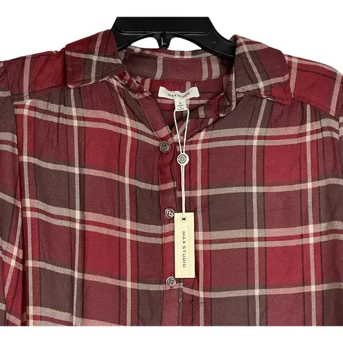 Max Studio  Womens Flannel Shirt Size Small 3/4 Button Roll Up Sleeve Red Plaid