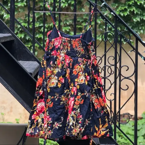 Dark Blue Pink Multicolor Floral Sundress Babydoll Mini Dress