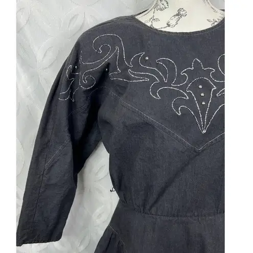PG Collections Western Style Black Denim Dress with White Embroidery Size 10