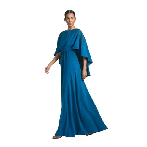 Sachin + Babi Size 4 NWT Moroccan Blue Crepe Embroidered Wren Cape Maxi Gown