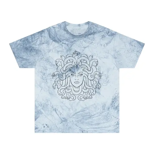 Handmade Blue Marble Medusa Graphic Tee Mythology Art Shirt Size L