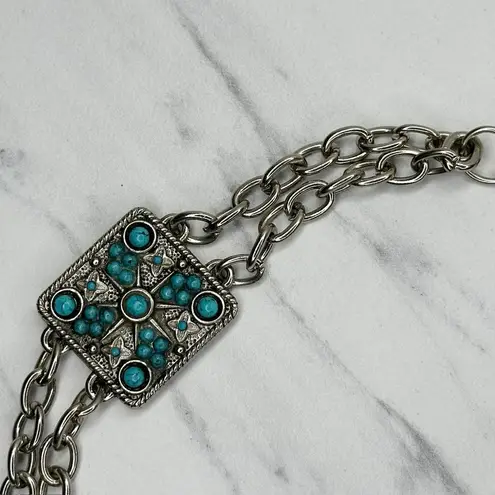 Faux Turquoise Studded Square Silver Chain Link Belt One Size (OS) ✨