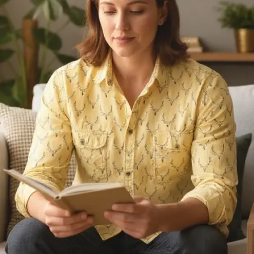 Barn fly Trading Co Butter Yellow Deer Antler Button Down Top