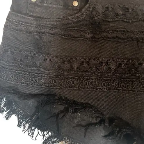 Bershka #BSKGirl X Black Fringe Trim Raw Hem Embroidered Jean Shorts Women Sz 4