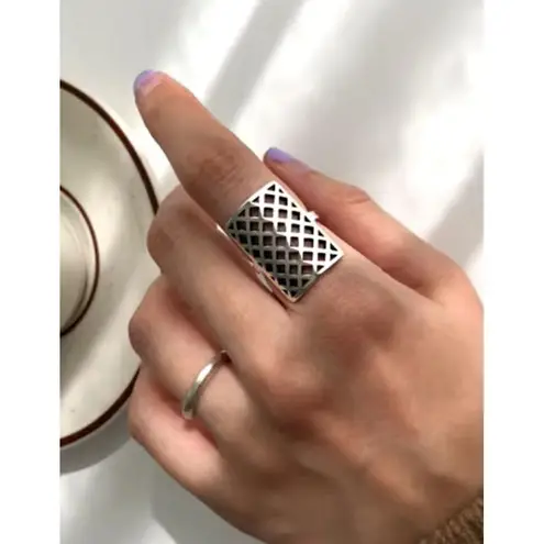 Boutique Solid Statement Ring White Gold Plated Sterling Adjustable Lattice Wide Band‎