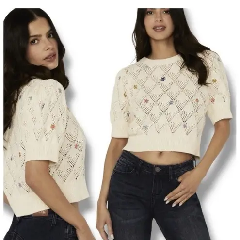 Driftwood Sweater Embroidered Knit Top Flowers Puff Sleeves Size XL Cottage Core