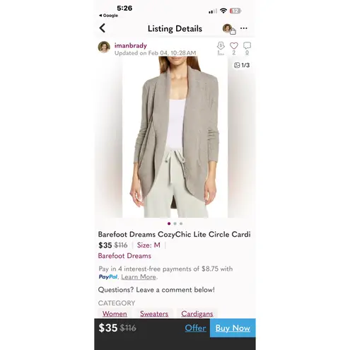 Barefoot Dreams Sweater Women Large Gray CozyChic Lite Circle Cardigan Lounge