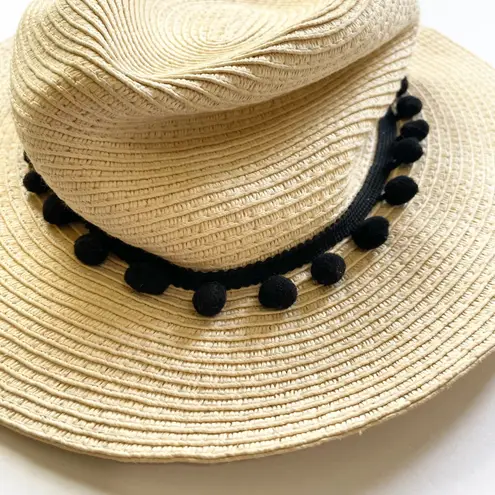 Sole Society Straw Fedora Hat Black Pom Trim Summer Beach Sun Hat One Size