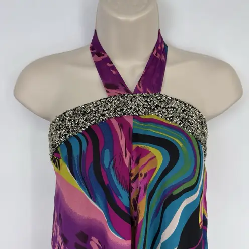 AI Authentic Icon Halter Dress Womens XS Purple Gold Sequin Flowy Boho Hippie