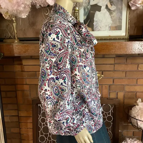 VINTAGE 1980'S ALFRED DUNNER RED, GREEN PAISLEY PRINT BLOUSE WITH BOW (16)