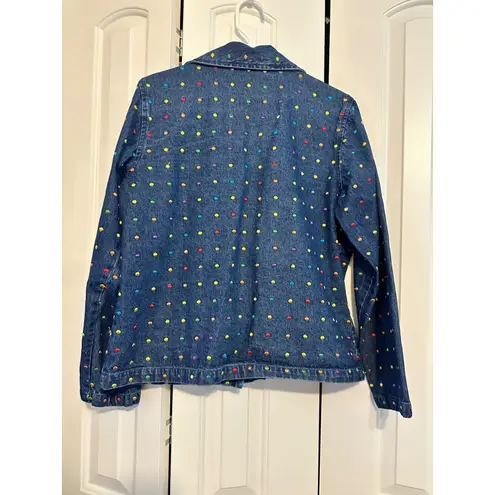 Keren Hart Denim Jacket Rainbow Polka Dot Square Button Up Jean Top Large Blue