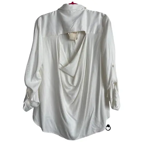 Hem & Thread  Womens White Collared Button Up Roll Tab Sleeves Blouse New Large L