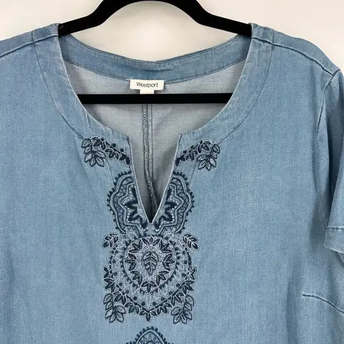 Westport Womens Split Neck Boho Embroidered Chambray Denim Tunic Dress Size 14