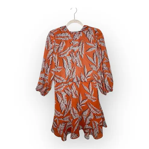 THML Brown Leaf Print Boho Tiered Balloon Sleeve Mini Dress Vacation Resort L
