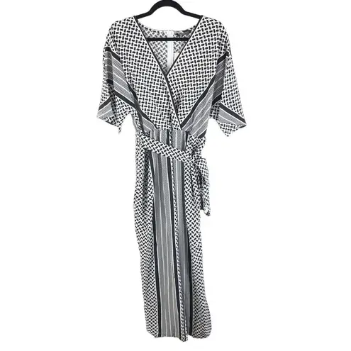 Bloomchic Geometric Contrast Dolman Sleeve Pocket Belted Jumpsuit Black 14-16