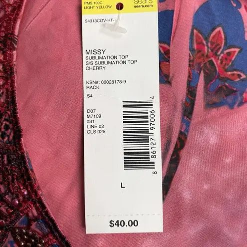 Covington Women's Cherry Missy Sublimation Top Blouse Size L NWT Artsy Print