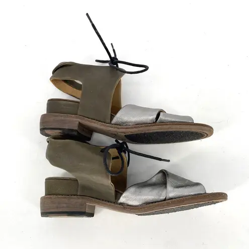 P. Monjo Roman Style Slingback Sandals Lace Up Silver Tan Leather Womens Size 36