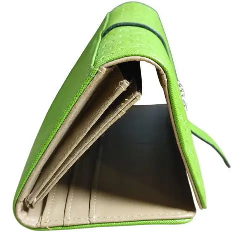 Leather Wallet Lime Green Embossed Faux Snap Closure Decorative Bee Accent