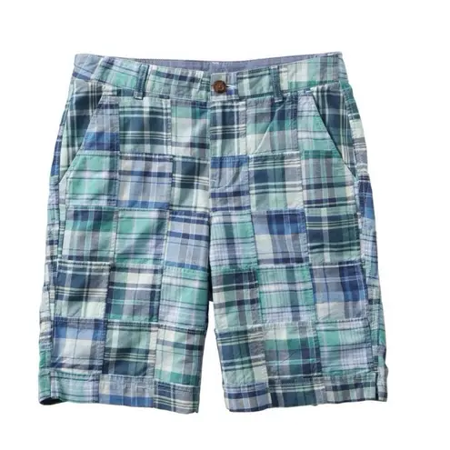 LL Bean Green Blue Plaid Madras PatchworkFavorite Fit Bermuda Shorts Size 10