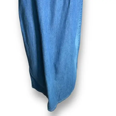 Vintage Denim Sleeveless Jumper Dress Pink Embroidered Floral Design Scoopneck Blue Size M