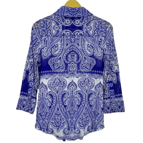 VTG Y2K Fairy Grunge Paisley Mesh Button Front Top Large White Blue Long Sleeve