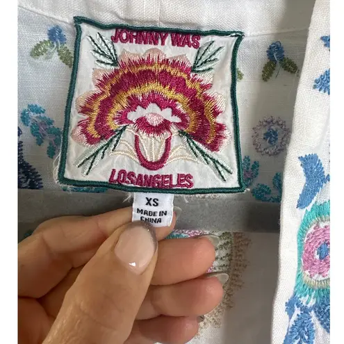 Johnny Was Oriel Cropped Linen Multi-Colored Floral Embroidered Kimono, XS, EUC