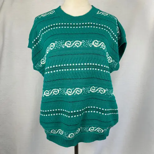 Vintage 80s Jennifer Adams Knit Sweater Vest Sleeveless Green White Women Large