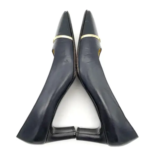 St. John Navy Leather Pumps Size 7 Gold Trim Cap Toe Classic Mid Heel Italy VTG