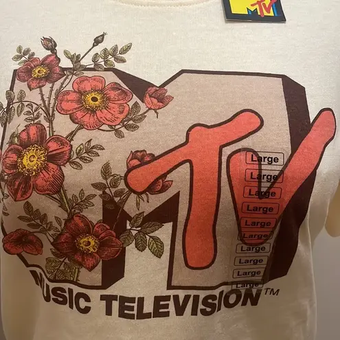 MTV top yellow floral short sleeve cutoff shirt New music television tee Sz L Size L