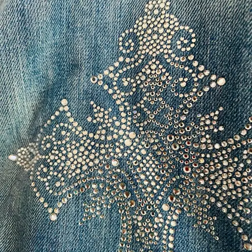 Old Navy Y2K  Denim Blue Jean Cotton Jacket Back Bedazzled Silver Sparkle Cross