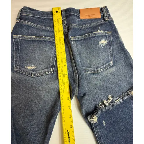 MOUSSY VINTAGE High Rise Straight Leg Jeans Distressed Frayed Hem Size 25 Blue