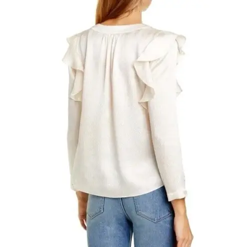 Rebecca Taylor Silk Blouse Womens 4 Cream Ruffle Textured Long Sleeve V-neck Top