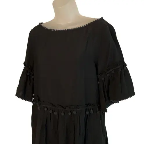 Club Monaco Black Pom-Pom Boho Dress M coverup Beach vacation resort linen blend