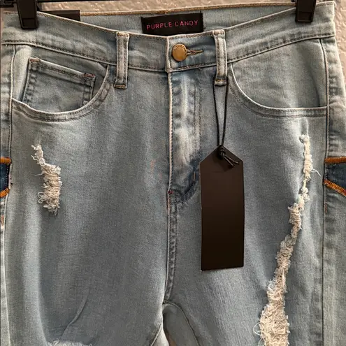 Purple Candy Distressed Light Wash Skinny Jeans Raw Hem Ripped Denim Size L Blue