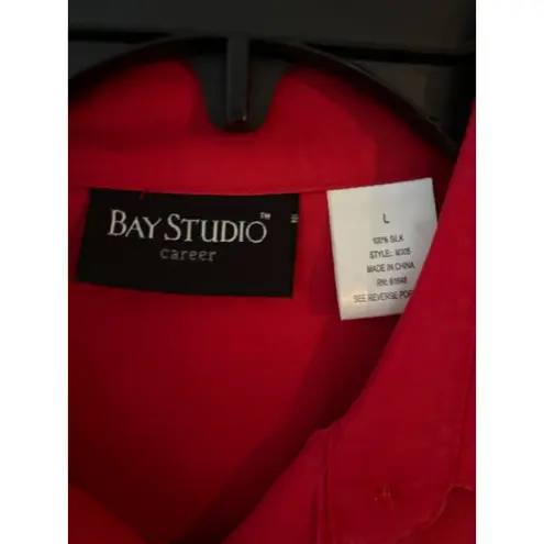 BAY STUDIO Career Red Silk Button Up Long Sleeve Collared Shirt Top Women's L Size L