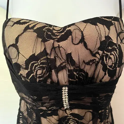 Onyx Nite Lace Overlay Dress Sz 4 Black Nude Lined Babydoll Bling Whimsigoth Y2K