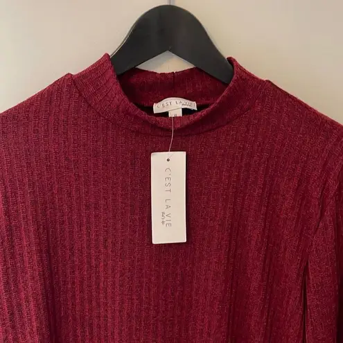 C'Est La Vie Womens Mock Neck Sweater Ribbed Long Sleeve Button Cuff Maroon XL Red