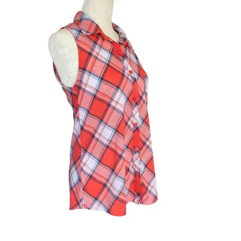 Ultra Flirt sleeveless collared button down orange white plaid top women's M