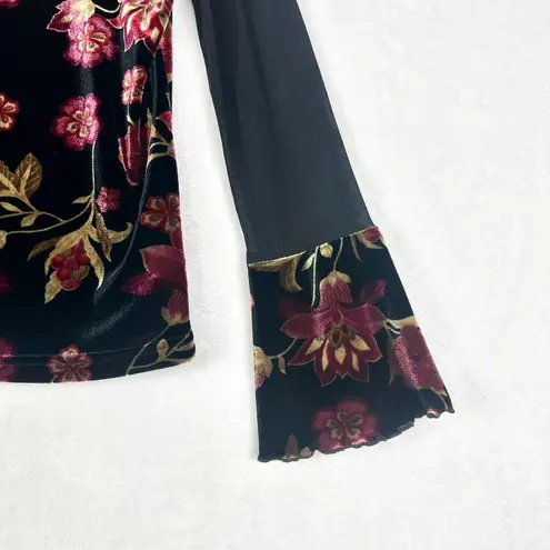 Vintage Velvet Mesh Flare Sleeve Top Large Whimsigoth Dark Floral Grunge Fairy Black