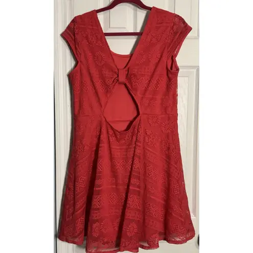 Xhiliration Coral Print Short Sleeve Lace Print Dress, Poly/Span, Back Open, XL Pink