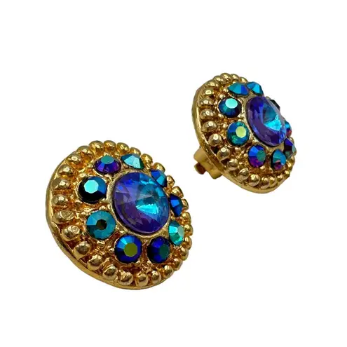 Vintage Peacock Aurora Borealis AB Rhinestone Gold Medallion Costume Earrings