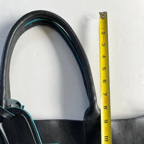 Black Deertan Cowhide Leather Tote Bag Teal Trim Classic Minimalist Purse