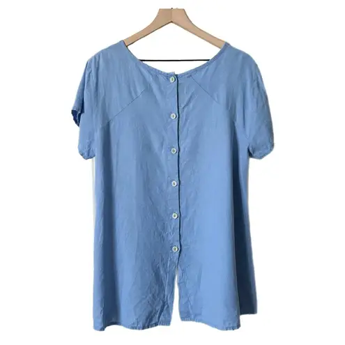 Flax Airy Back Button Linen Short Sleeve Tunic Top Blue Size Small
