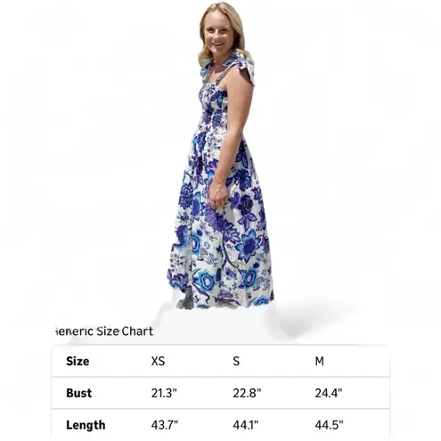 Smocked Blue and White Floral Bow Strap Maxi Dress Chinoiserie Style Small