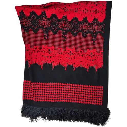 Ming Wang Red Black Geometric Pattern Fringe Knit Poncho Wrap Women's