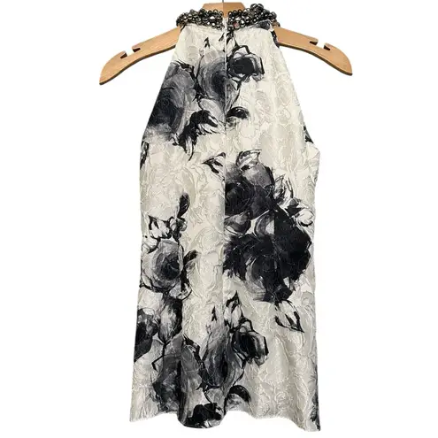 Carmen Marc Valvo Sz 6 White Black Rose Print Beaded Neck Sleeveless Halter Top