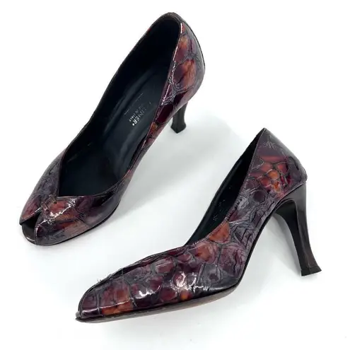 Donald J Pliner tortoise peep toe pumps size 6.5 patent patchwork Brown